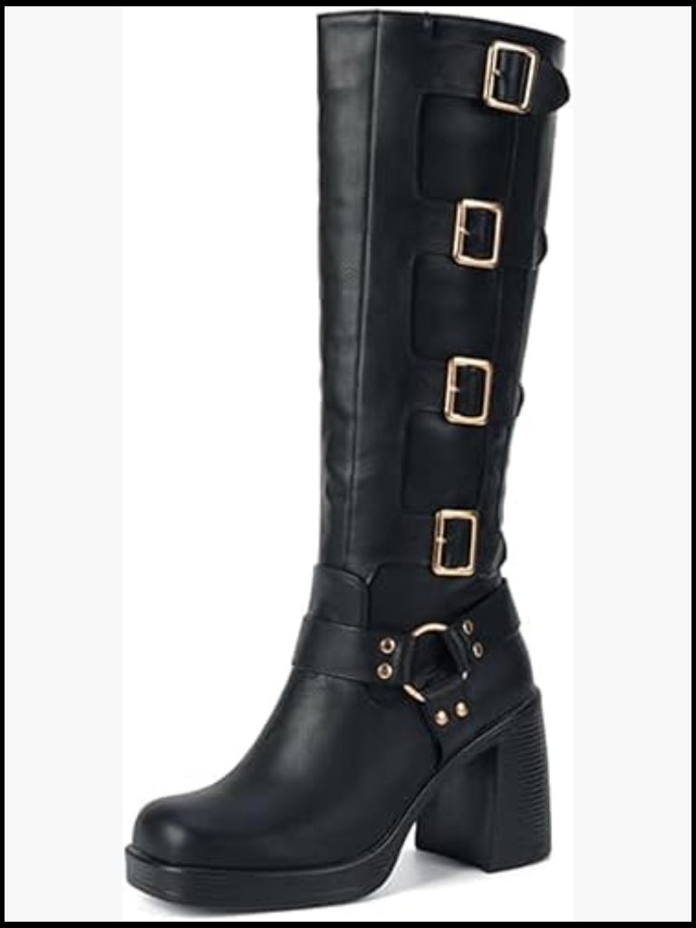 Knee High Buckle Boots Square Toe Chunky Heel Pull On Gothic Y2k Riding Boots